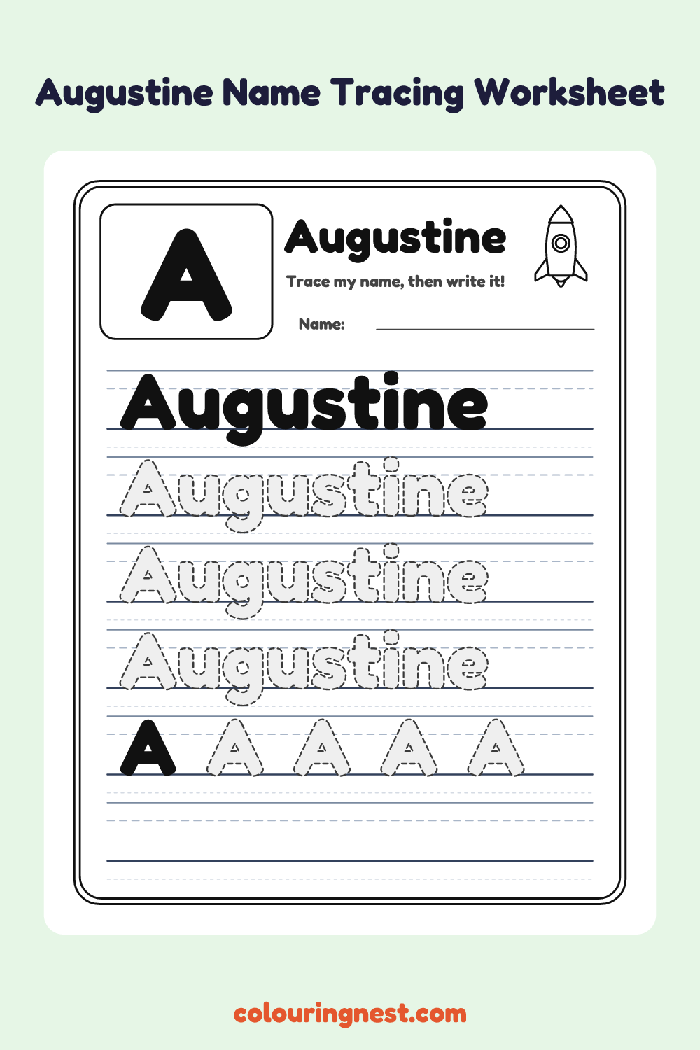 Augustine Name Tracing Worksheet: free printable black-and-white line art
