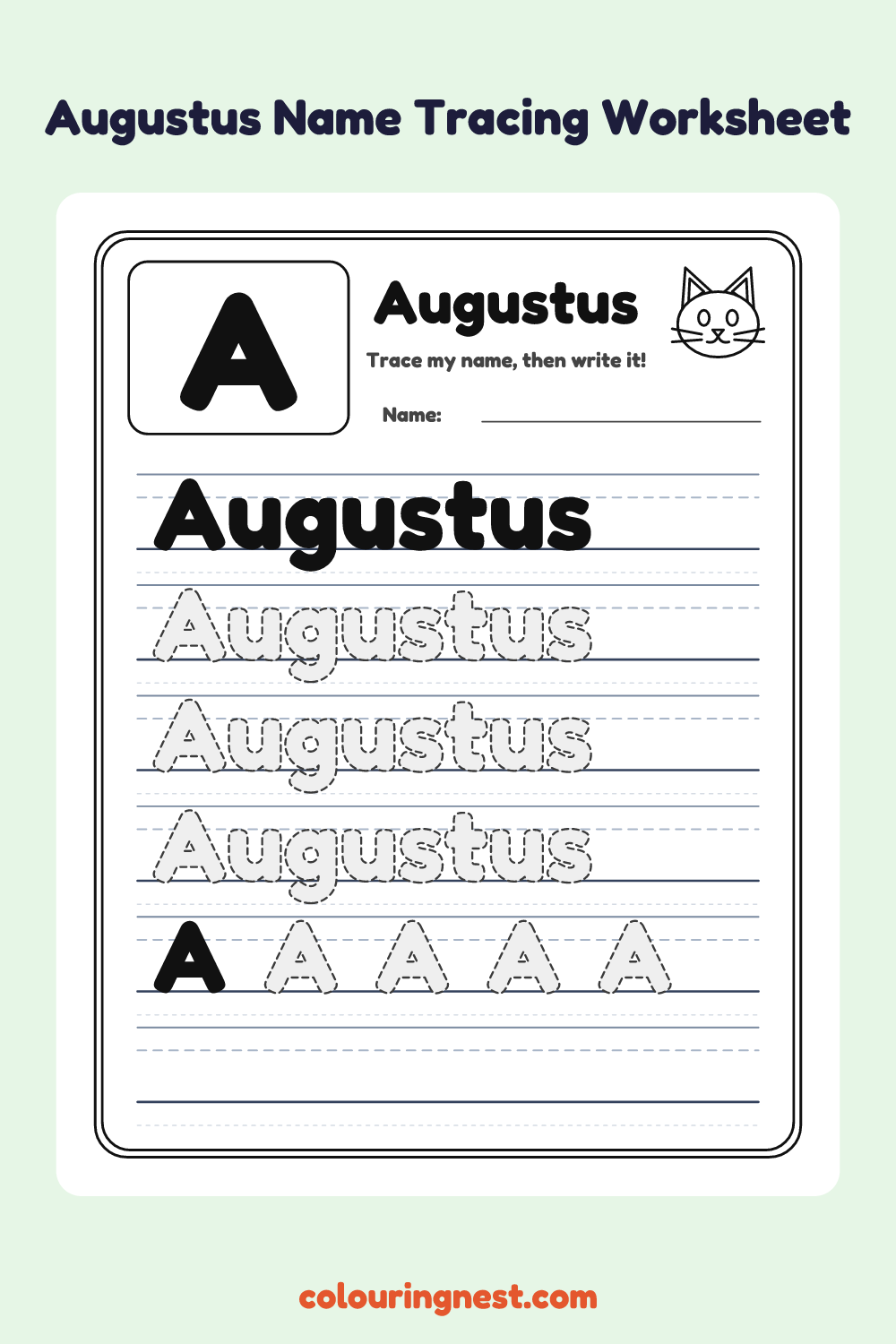 Augustus Name Tracing Worksheet: free printable black-and-white line art