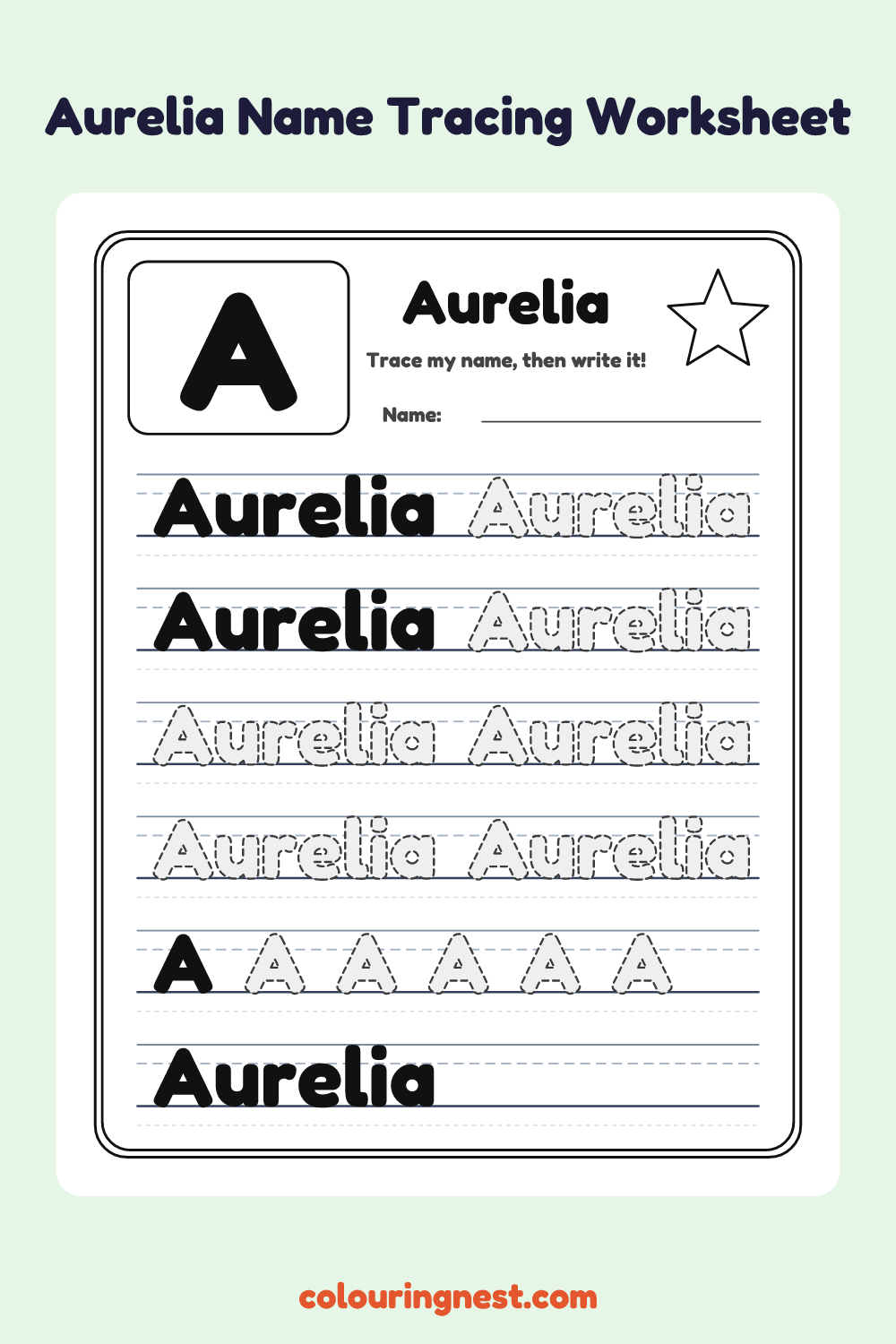 Aurelia Name Tracing Worksheet: free printable black-and-white line art