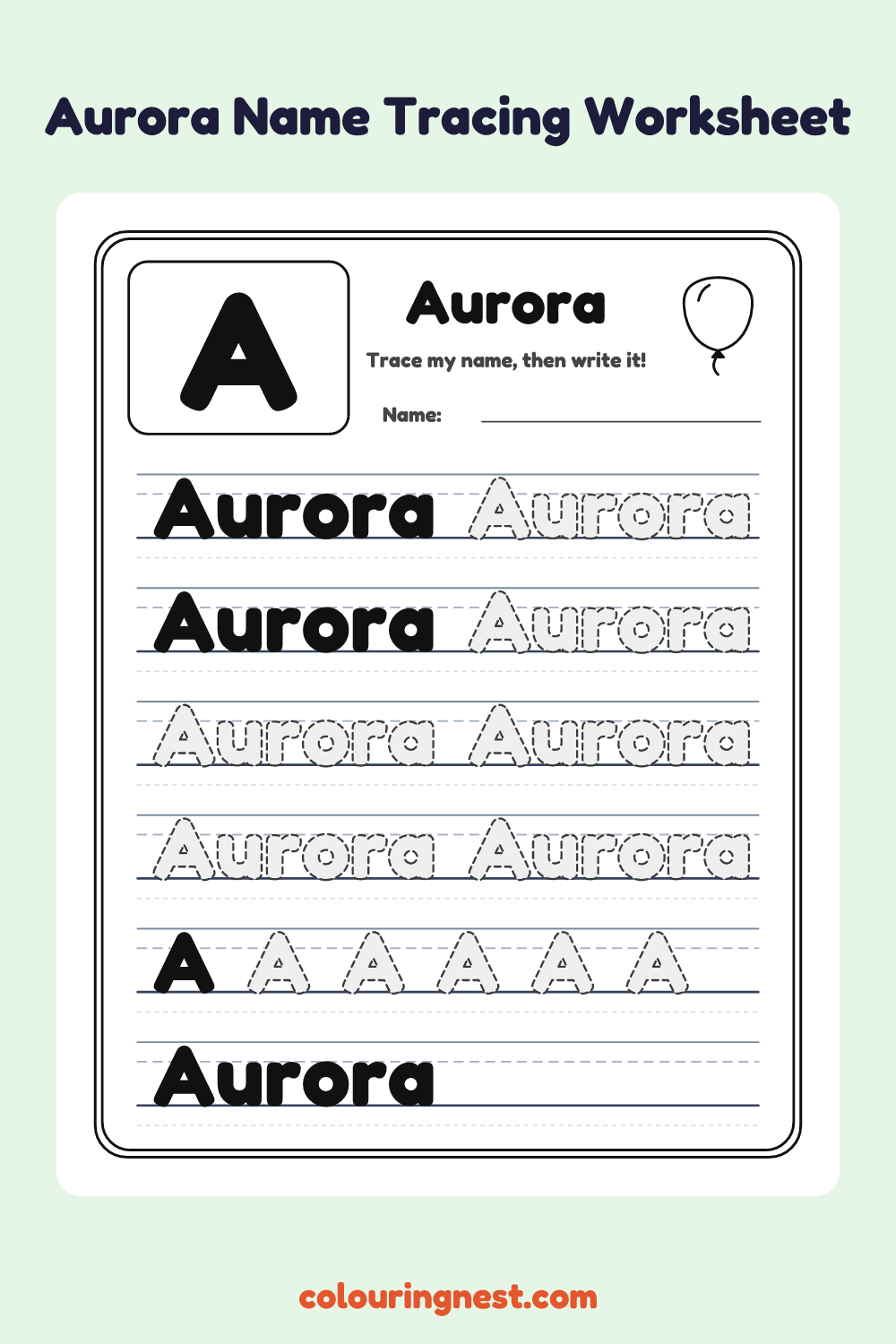 Aurora Name Tracing Worksheet: free printable black-and-white line art