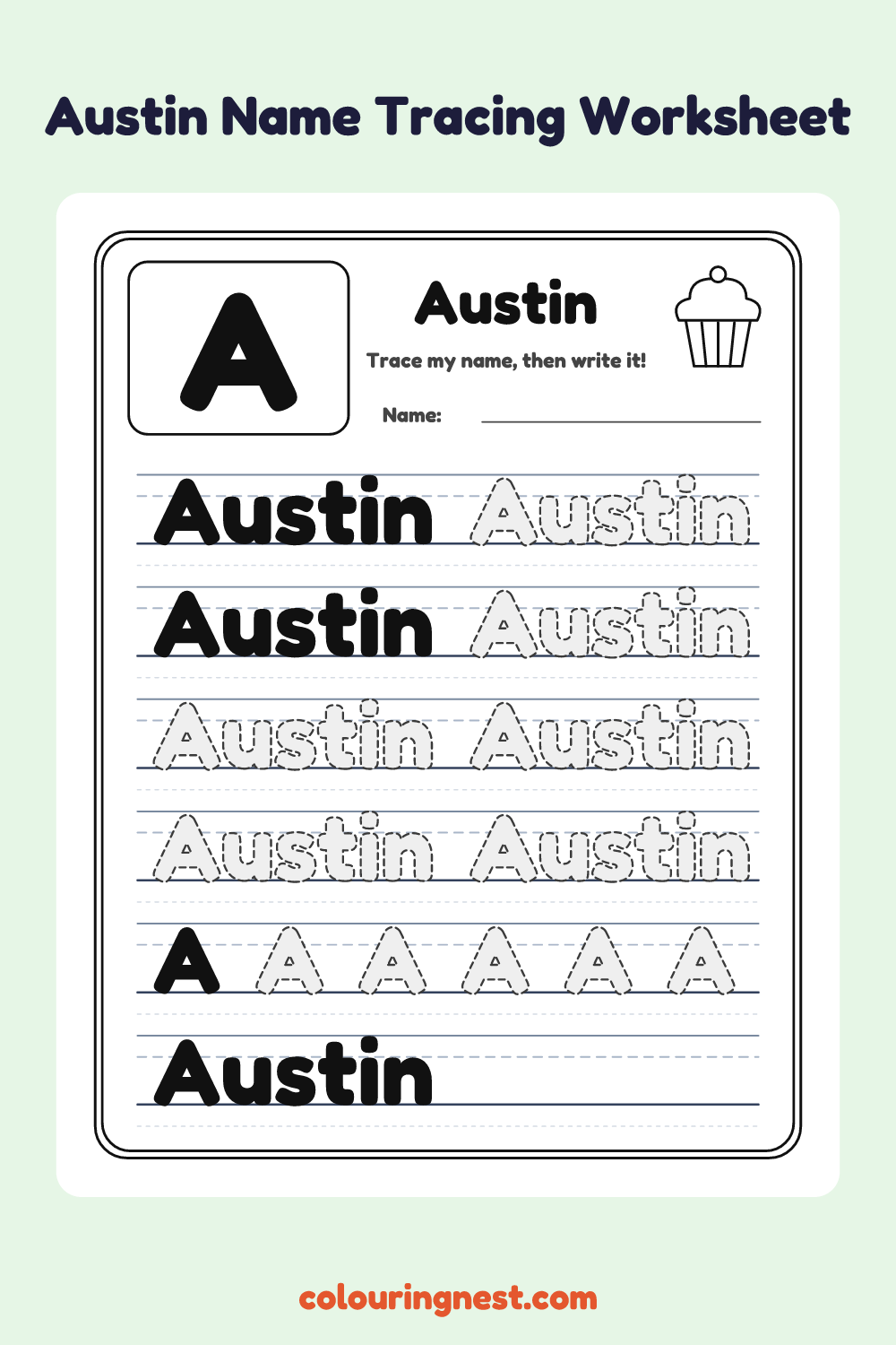 Austin Name Tracing Worksheet: free printable black-and-white line art