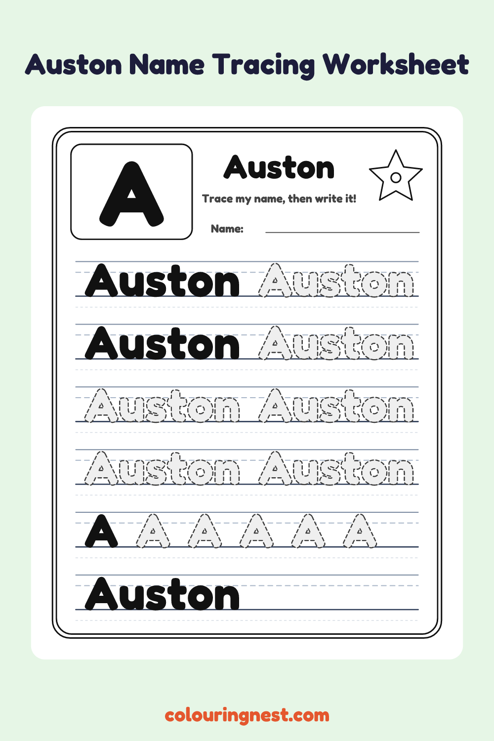 Auston Name Tracing Worksheet: free printable black-and-white line art