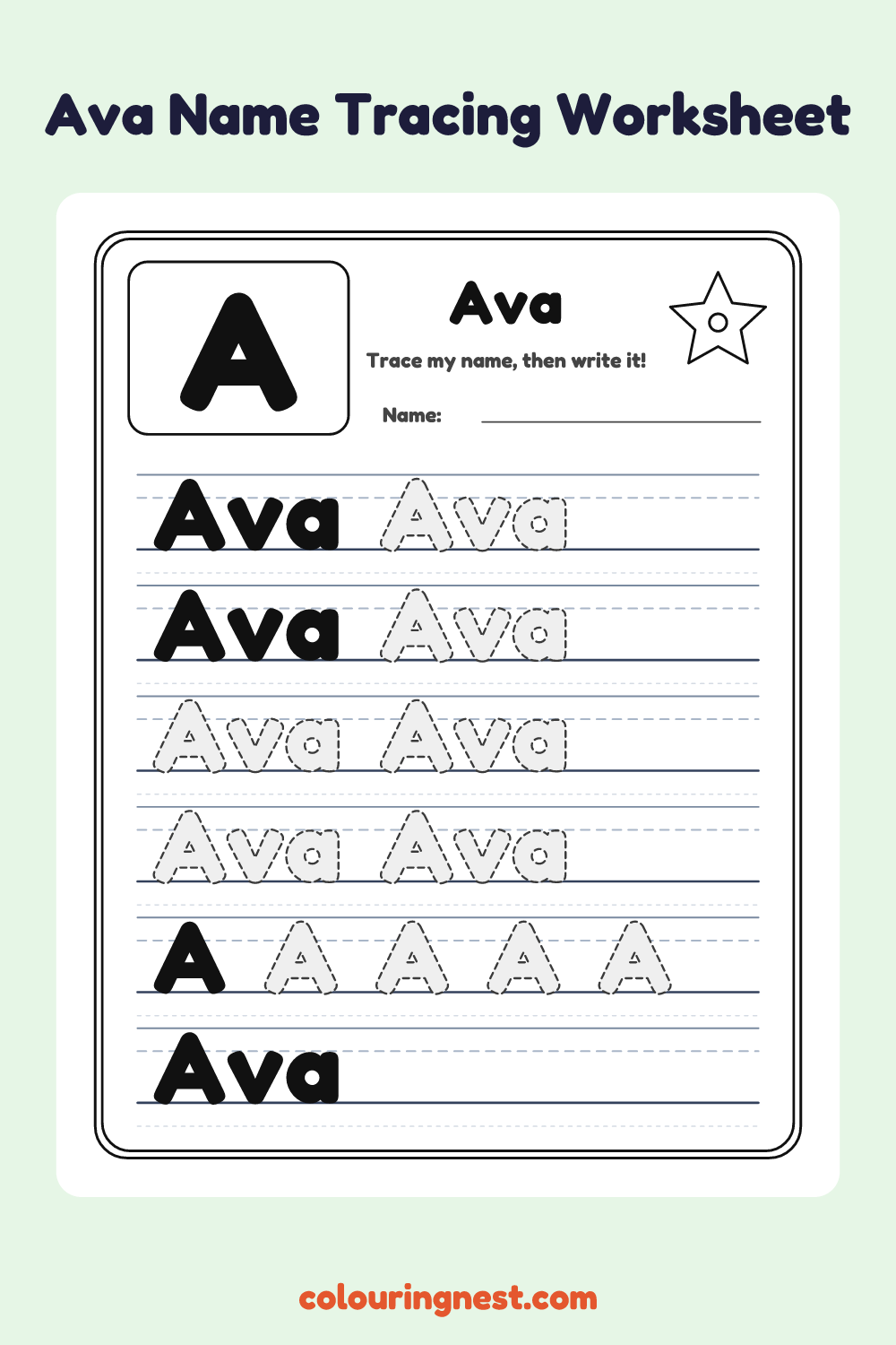 Ava Name Tracing Worksheet: free printable black-and-white line art