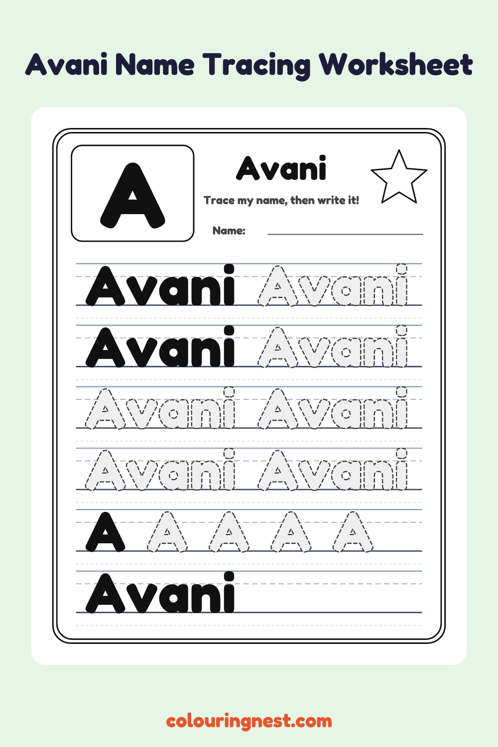 Avani Name Tracing Worksheet: free printable black-and-white line art