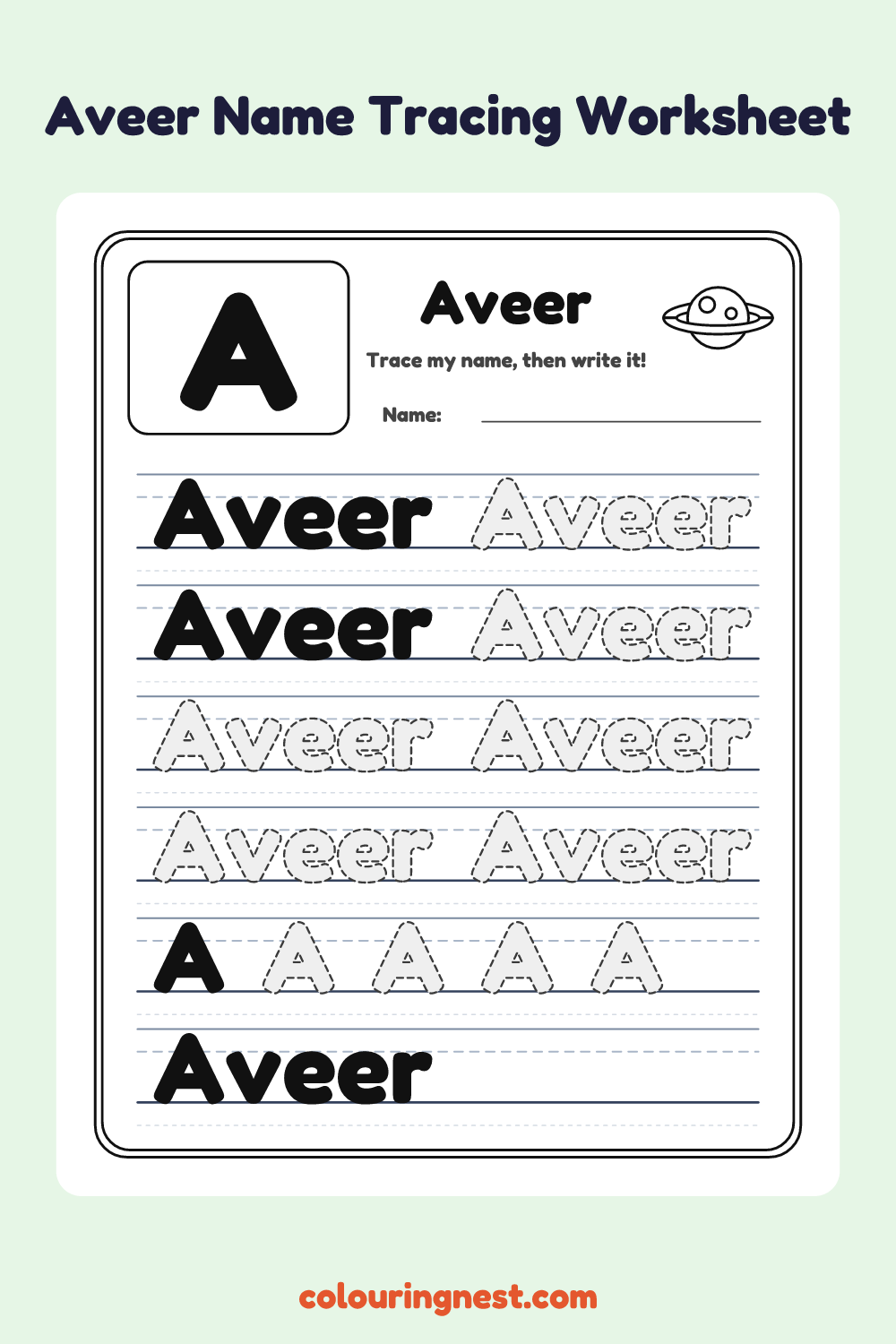 Aveer Name Tracing Worksheet: free printable black-and-white line art