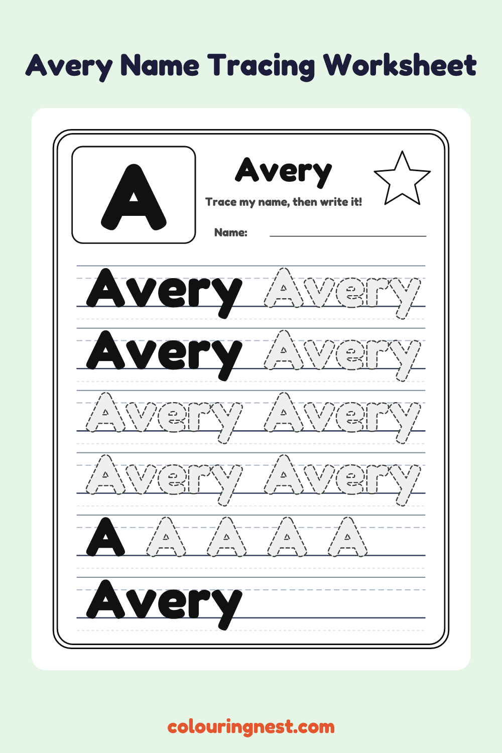 Avery Name Tracing Worksheet: free printable black-and-white line art
