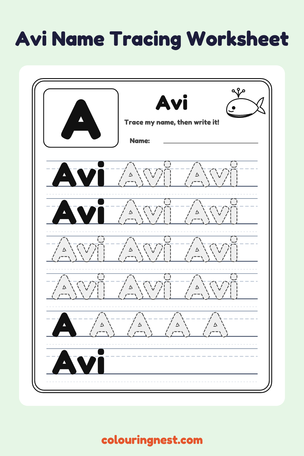 Avi Name Tracing Worksheet: free printable black-and-white line art