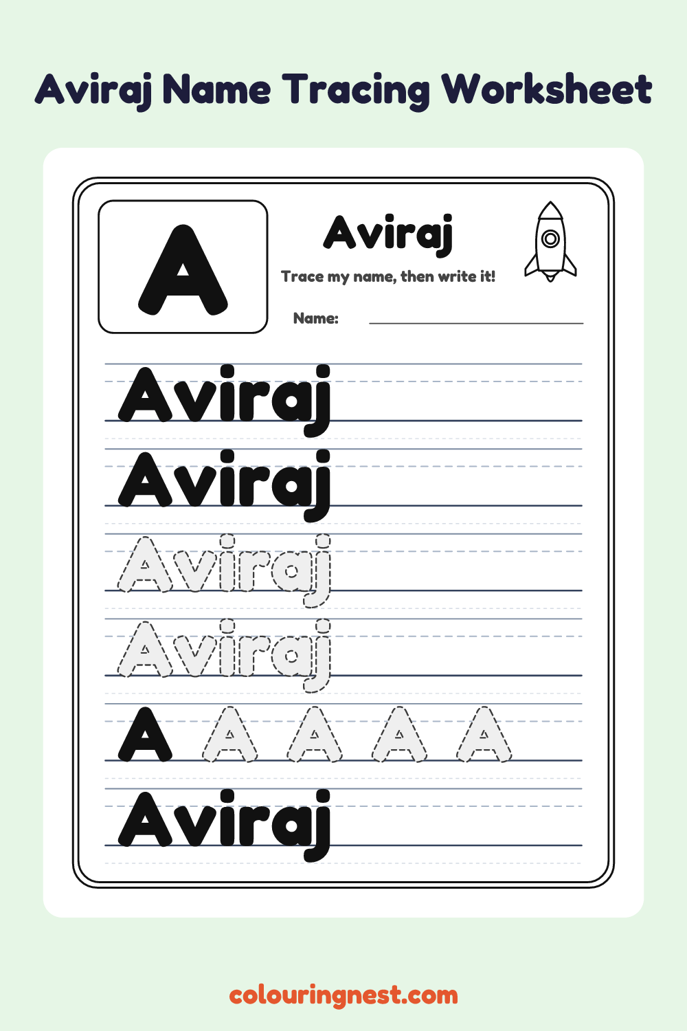 Aviraj Name Tracing Worksheet: free printable black-and-white line art