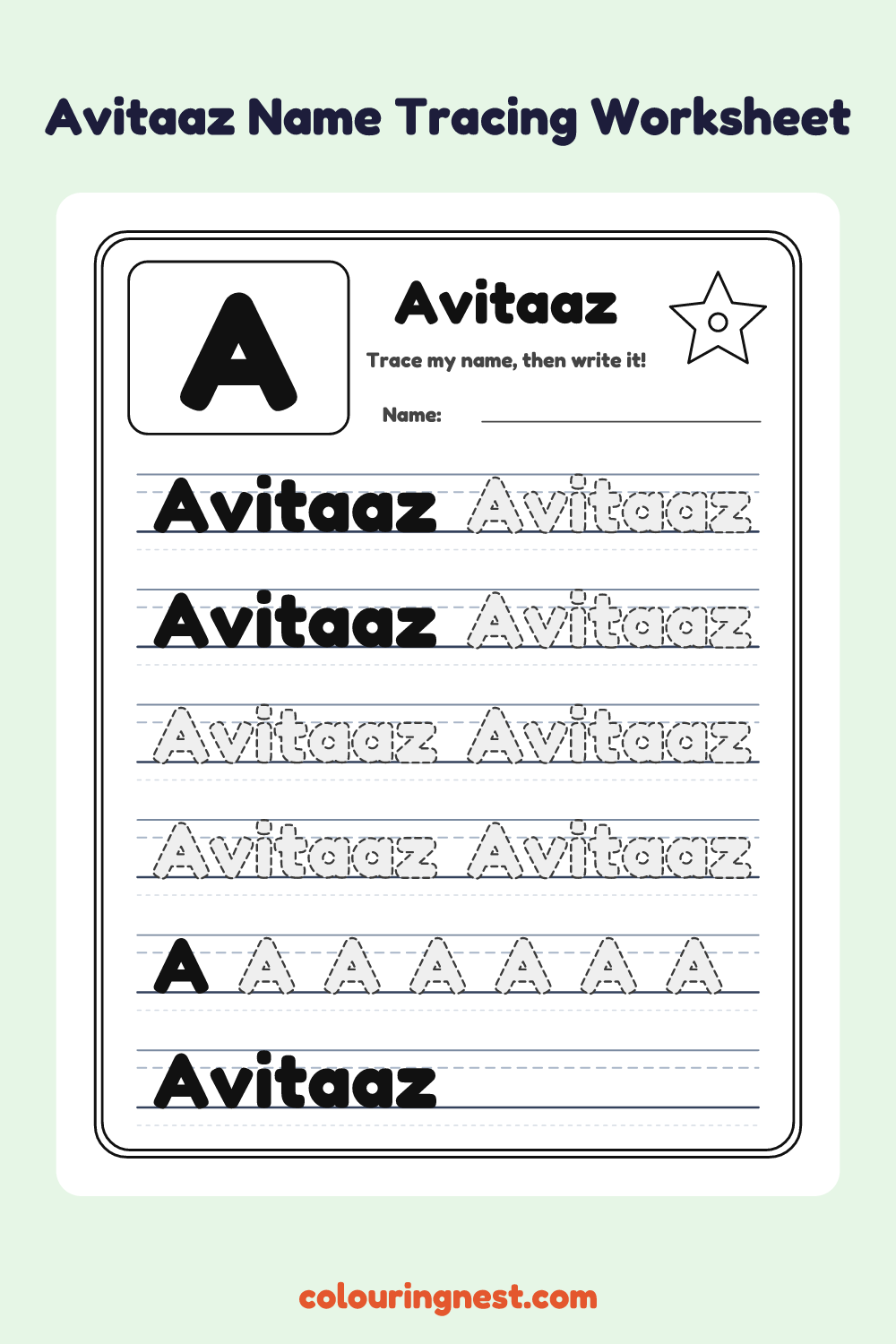Avitaaz Name Tracing Worksheet: free printable black-and-white line art