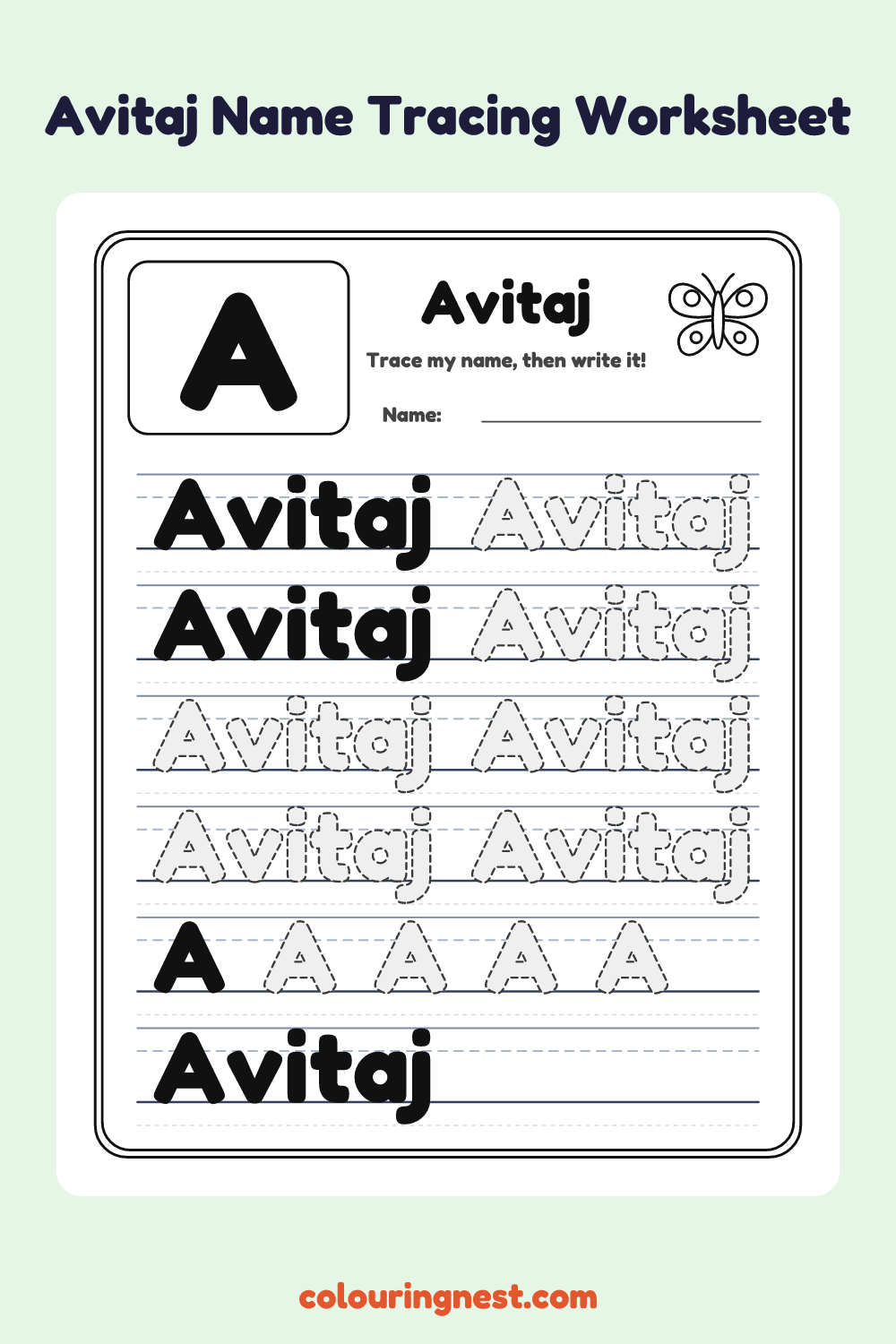 Avitaj Name Tracing Worksheet: free printable black-and-white line art
