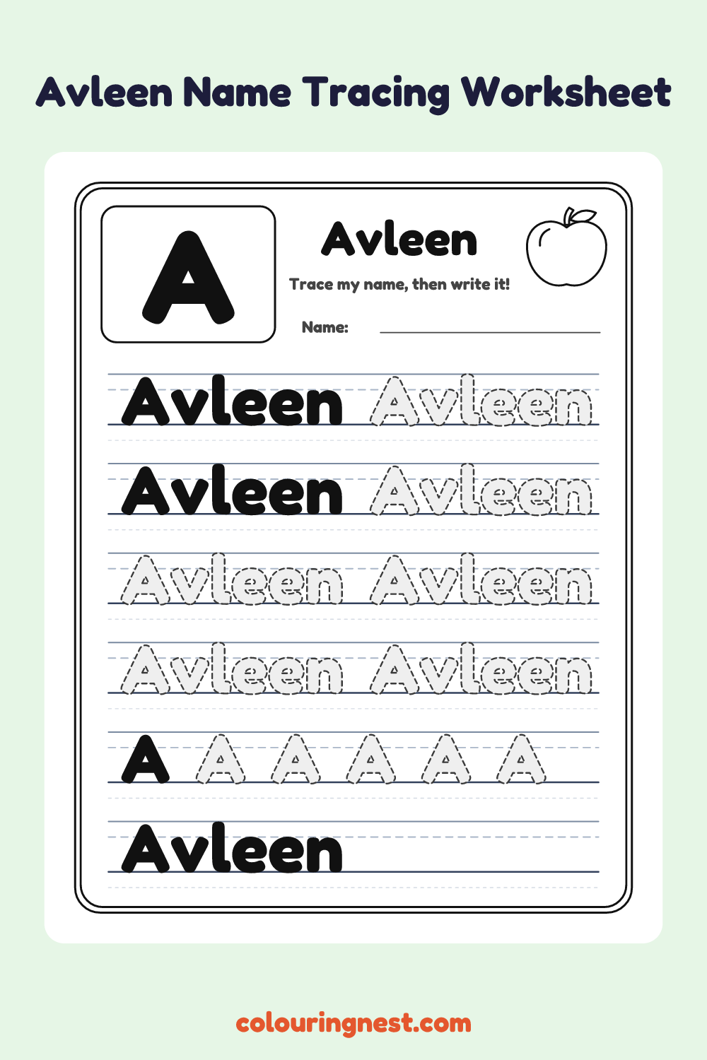 Avleen Name Tracing Worksheet: free printable black-and-white line art
