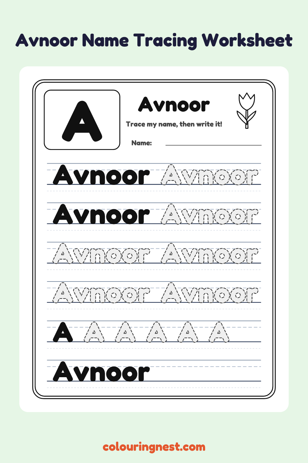 Avnoor Name Tracing Worksheet: free printable black-and-white line art