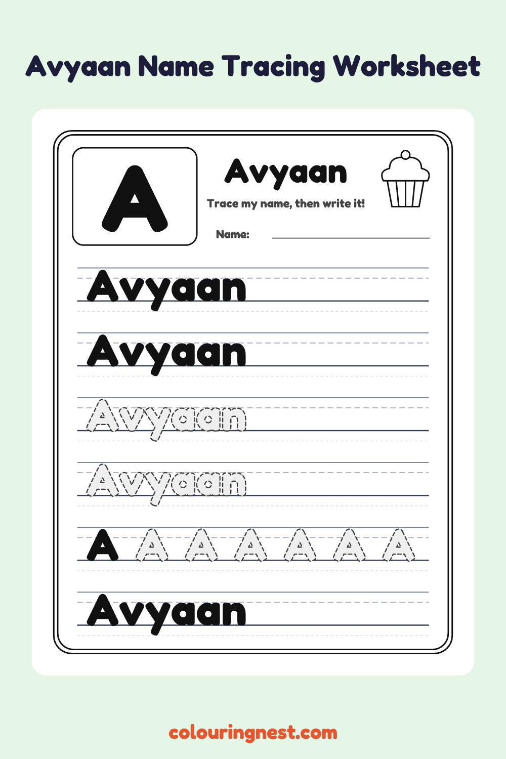 Avyaan Name Tracing Worksheet: free printable black-and-white line art