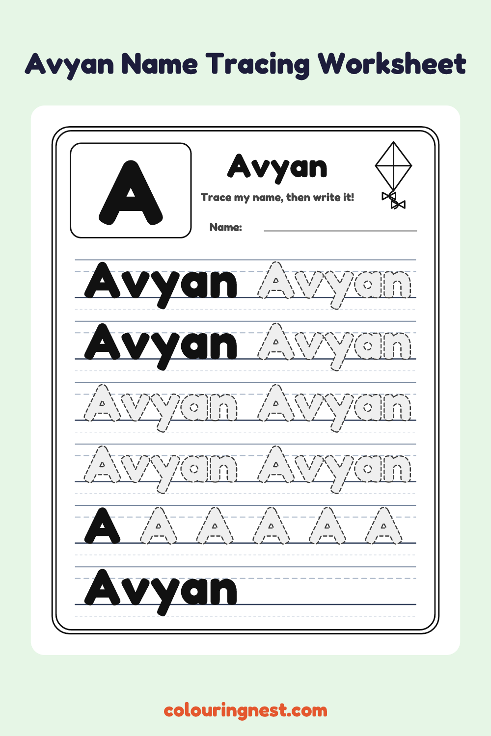 Avyan Name Tracing Worksheet: free printable black-and-white line art