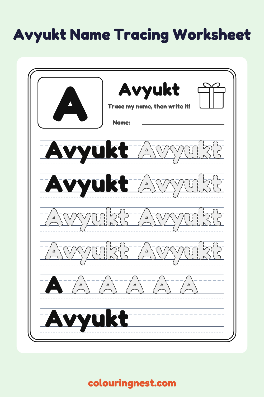 Avyukt Name Tracing Worksheet: free printable black-and-white line art