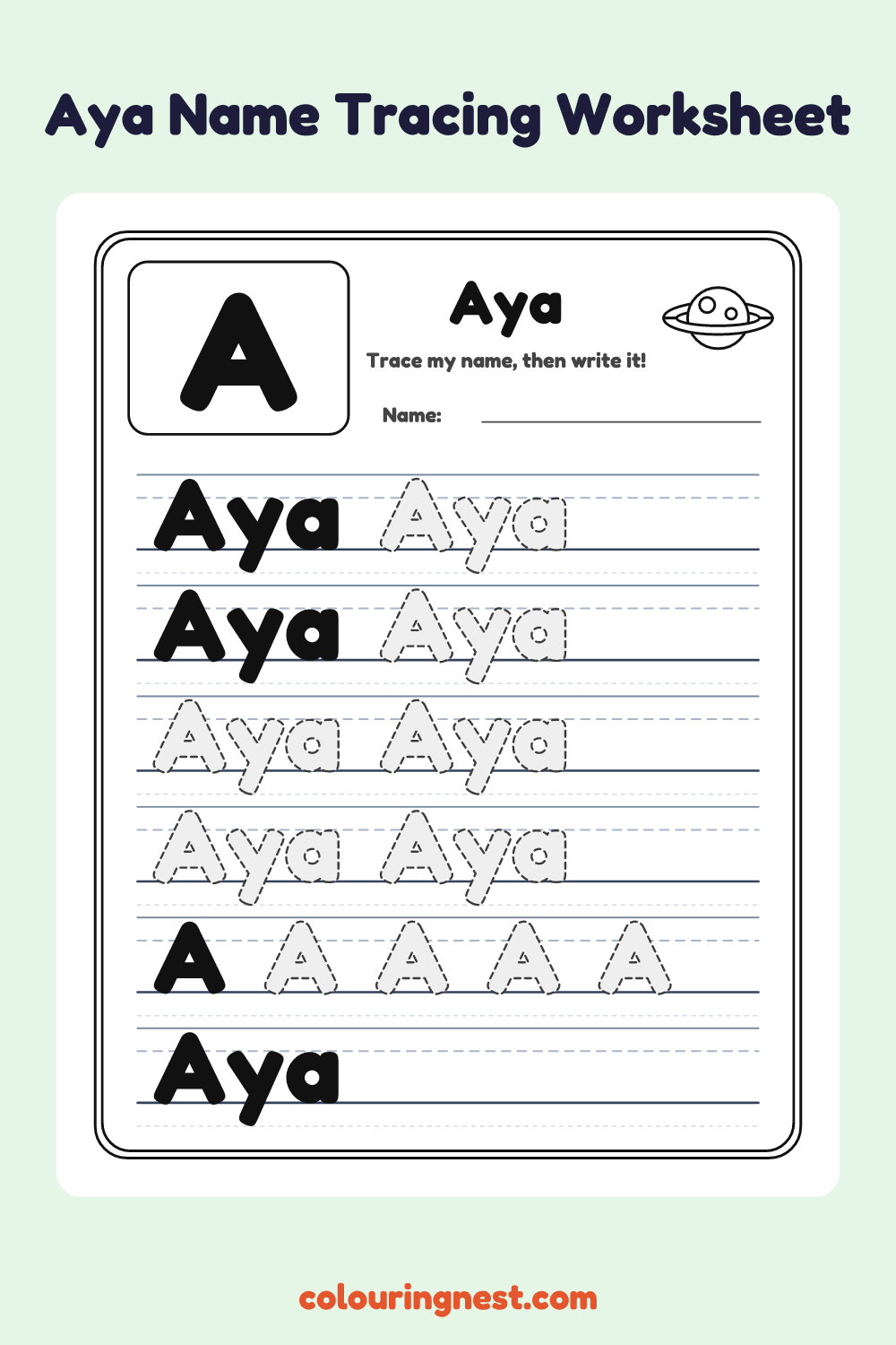 Aya Name Tracing Worksheet: free printable black-and-white line art