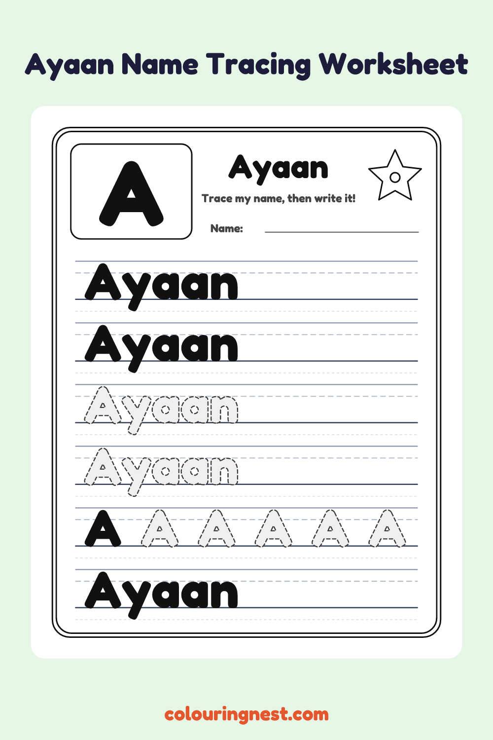 Ayaan Name Tracing Worksheet: free printable black-and-white line art