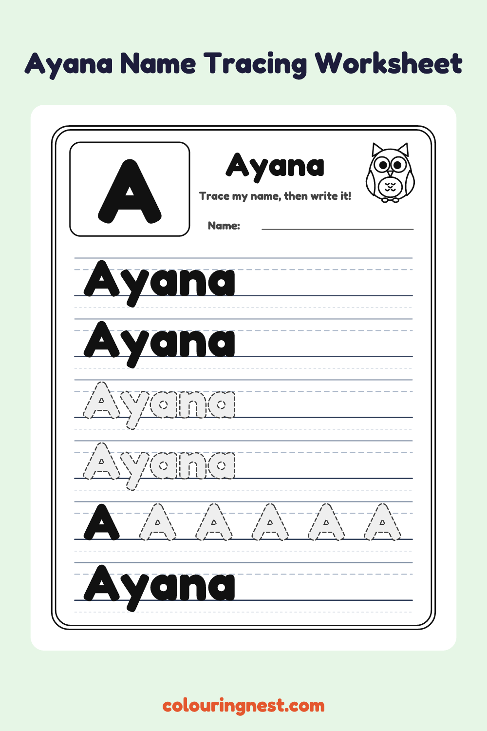 Ayana Name Tracing Worksheet: free printable black-and-white line art