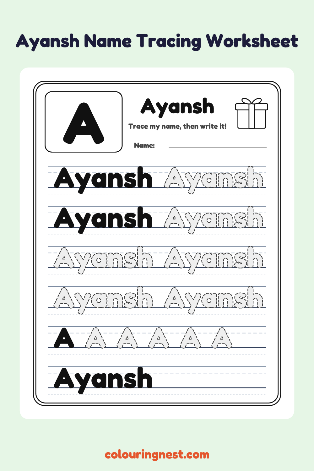 Ayansh Name Tracing Worksheet: free printable black-and-white line art