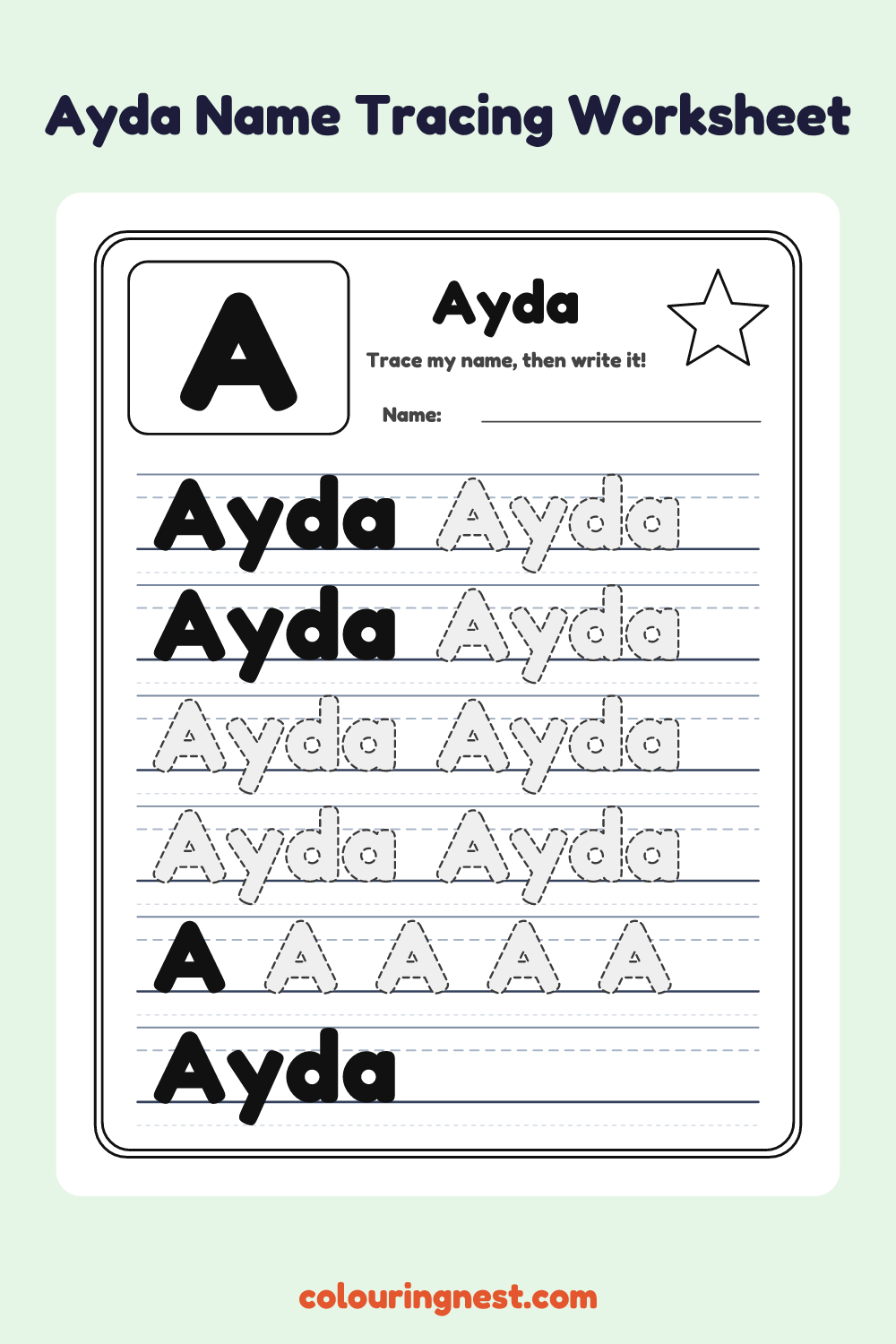 Ayda Name Tracing Worksheet: free printable black-and-white line art