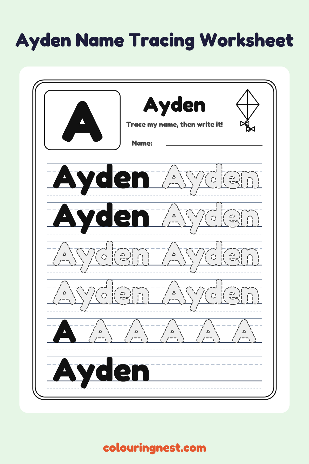Ayden Name Tracing Worksheet: free printable black-and-white line art