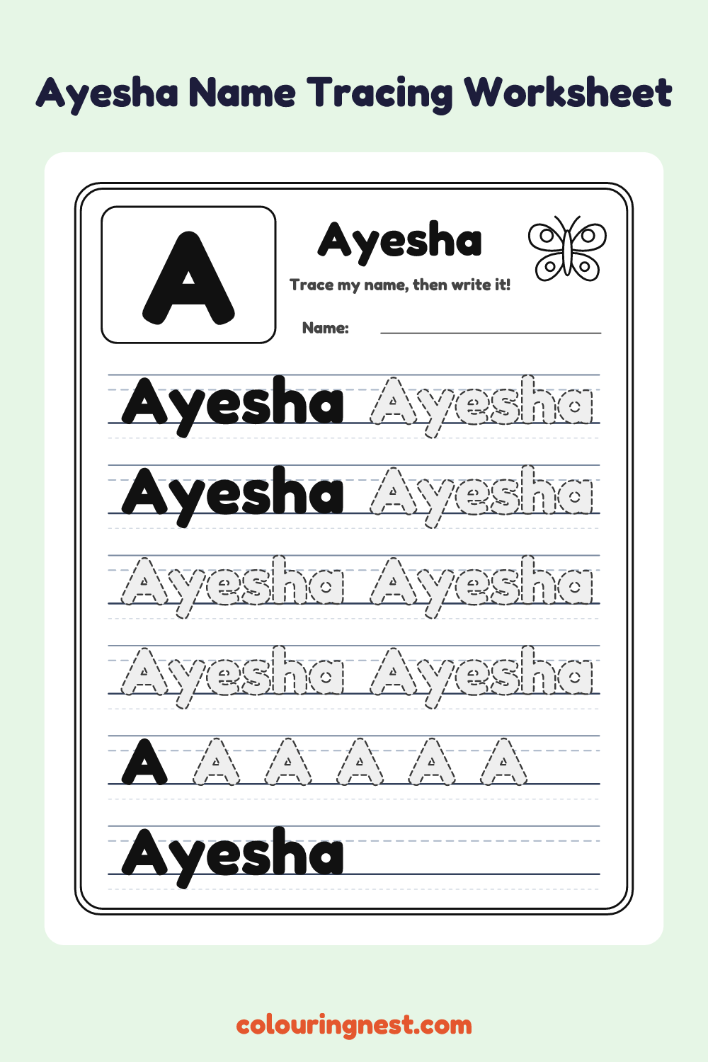 Ayesha Name Tracing Worksheet: free printable black-and-white line art