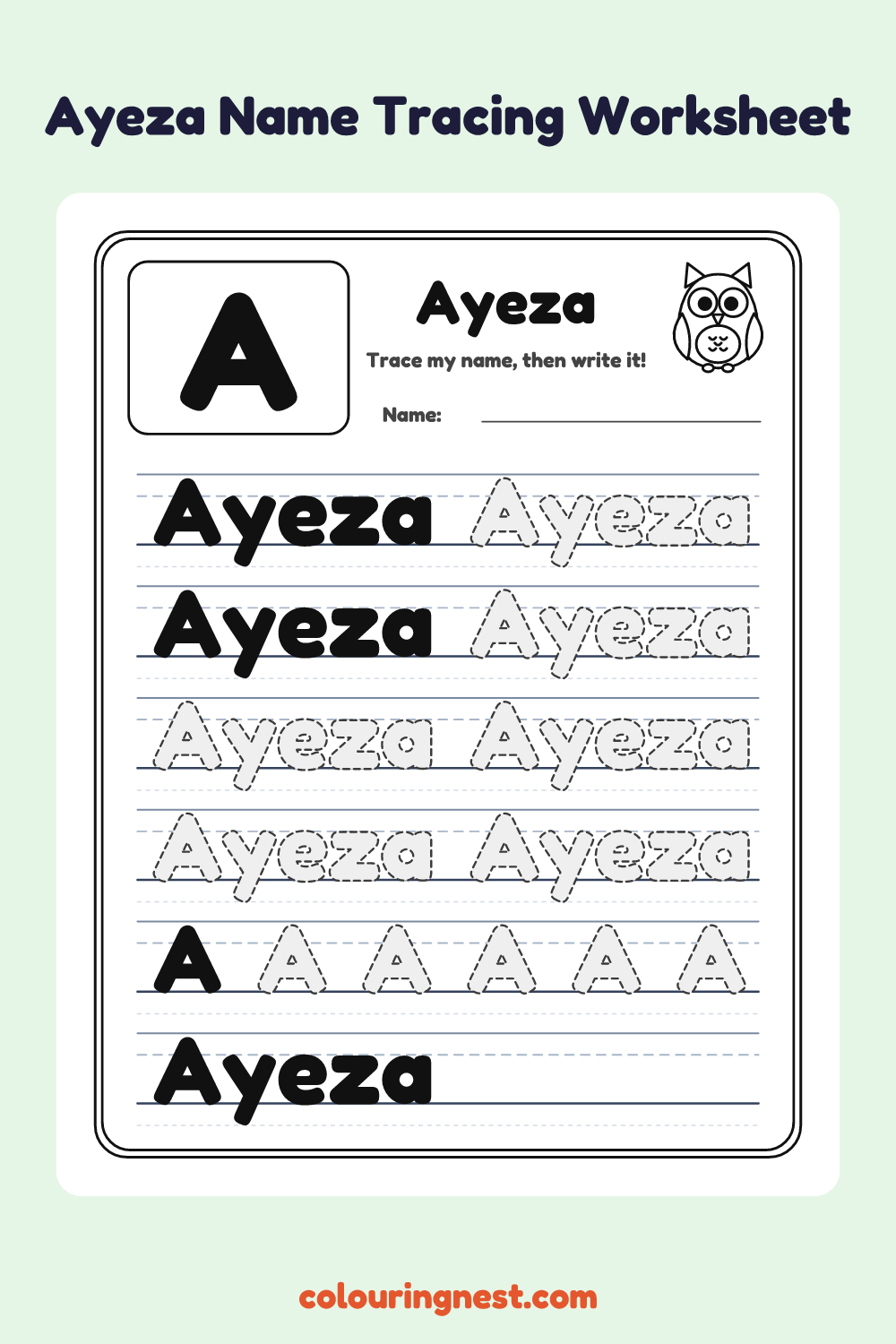 Ayeza Name Tracing Worksheet: free printable black-and-white line art