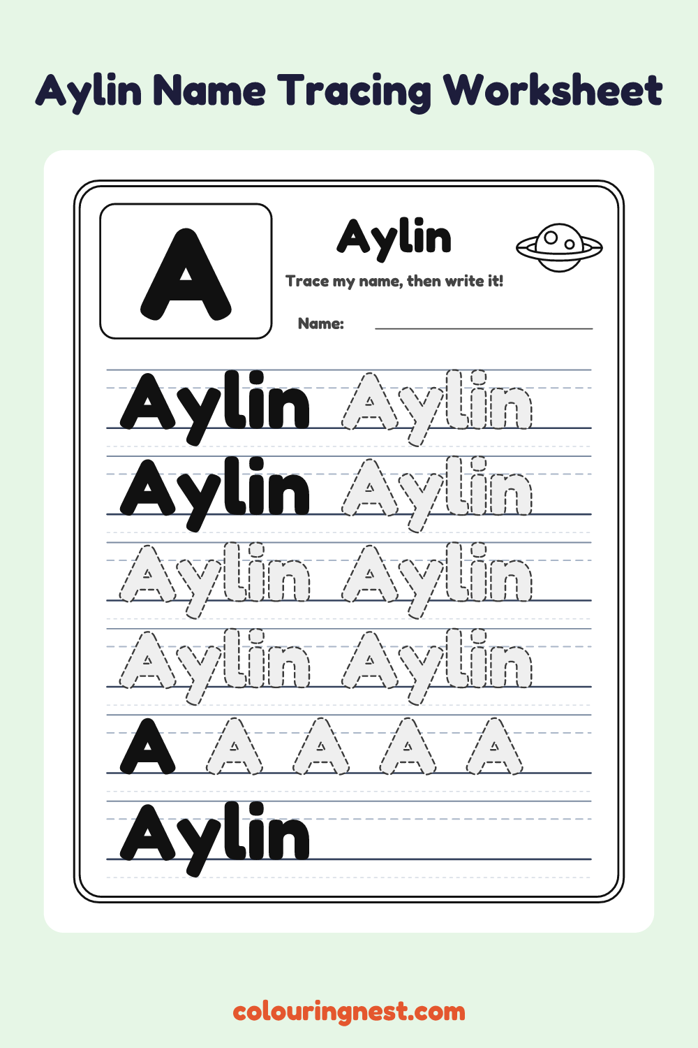 Aylin Name Tracing Worksheet: free printable black-and-white line art
