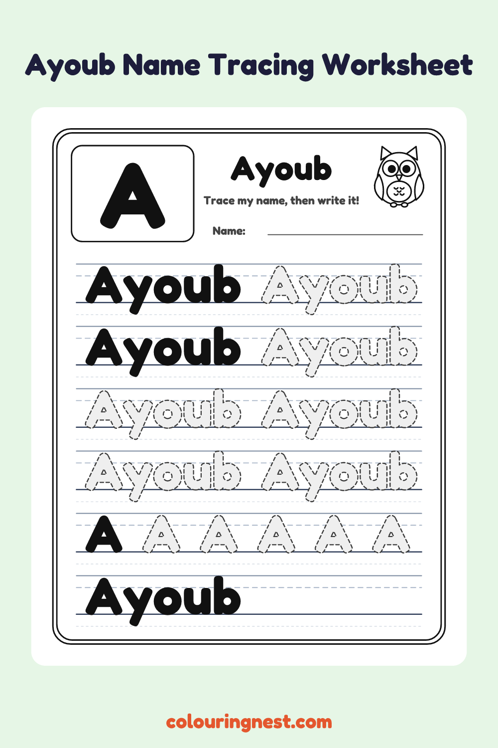 Ayoub Name Tracing Worksheet: free printable black-and-white line art