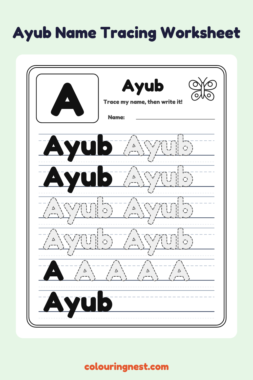 Ayub Name Tracing Worksheet: free printable black-and-white line art