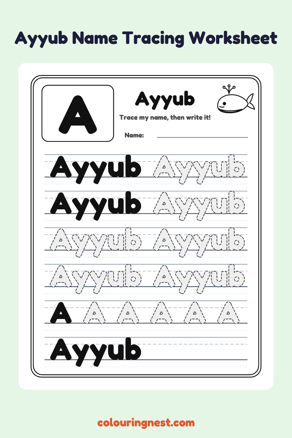 Ayyub Name Tracing Worksheet: free printable black-and-white line art