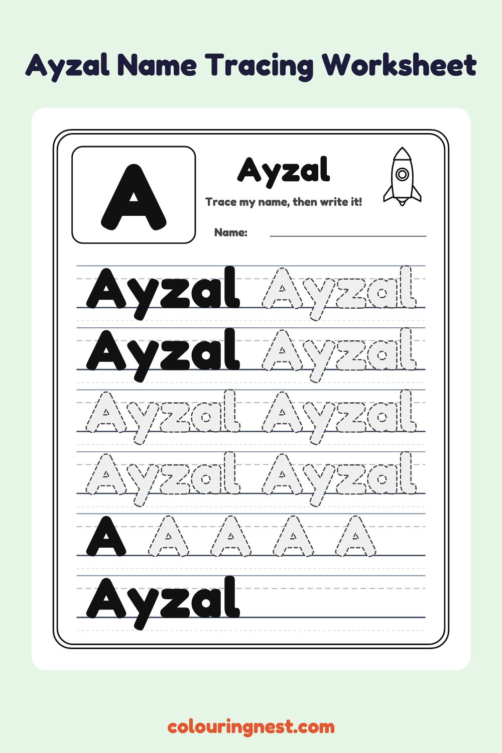 Ayzal Name Tracing Worksheet: free printable black-and-white line art