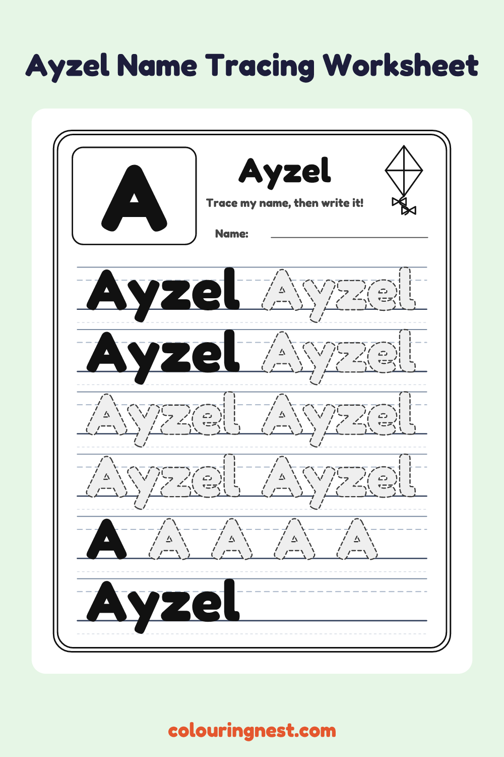 Ayzel Name Tracing Worksheet: free printable black-and-white line art