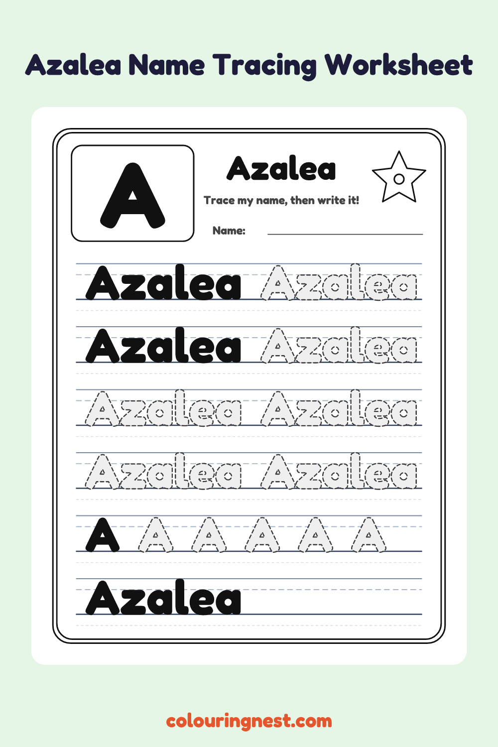 Azalea Name Tracing Worksheet: free printable black-and-white line art