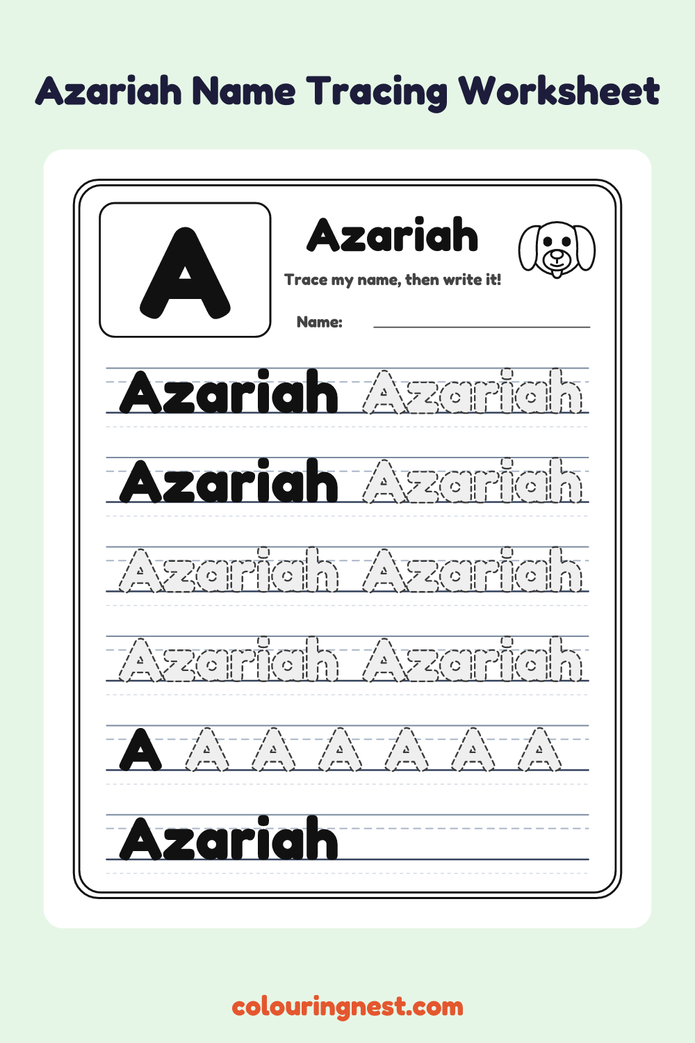 Azariah Name Tracing Worksheet: free printable black-and-white line art