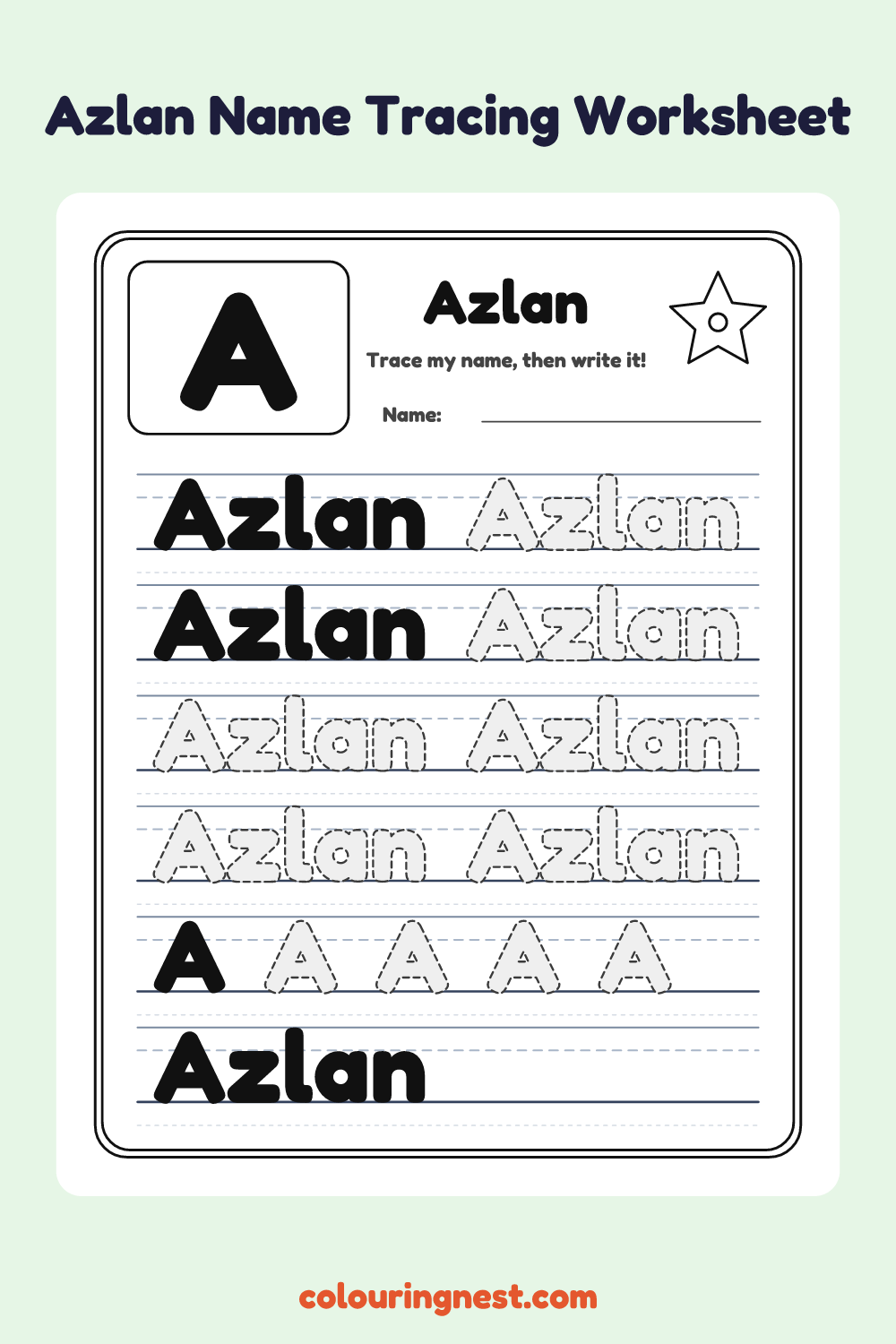 Azlan Name Tracing Worksheet: free printable black-and-white line art