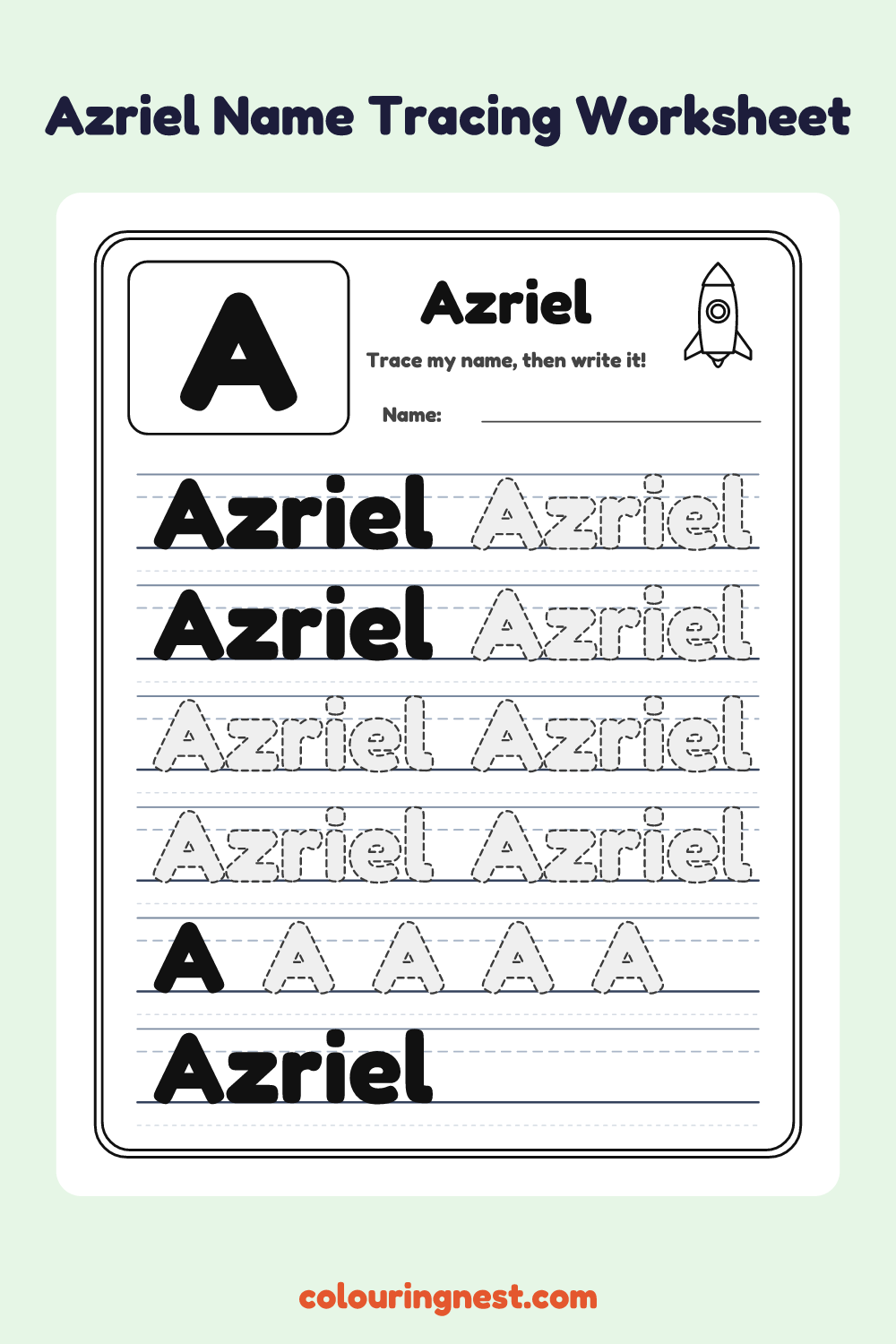 Azriel Name Tracing Worksheet: free printable black-and-white line art