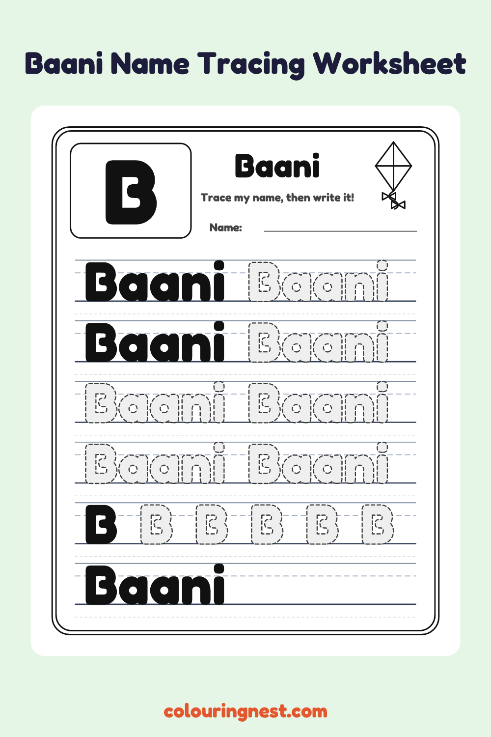 Baani Name Tracing Worksheet: free printable black-and-white line art