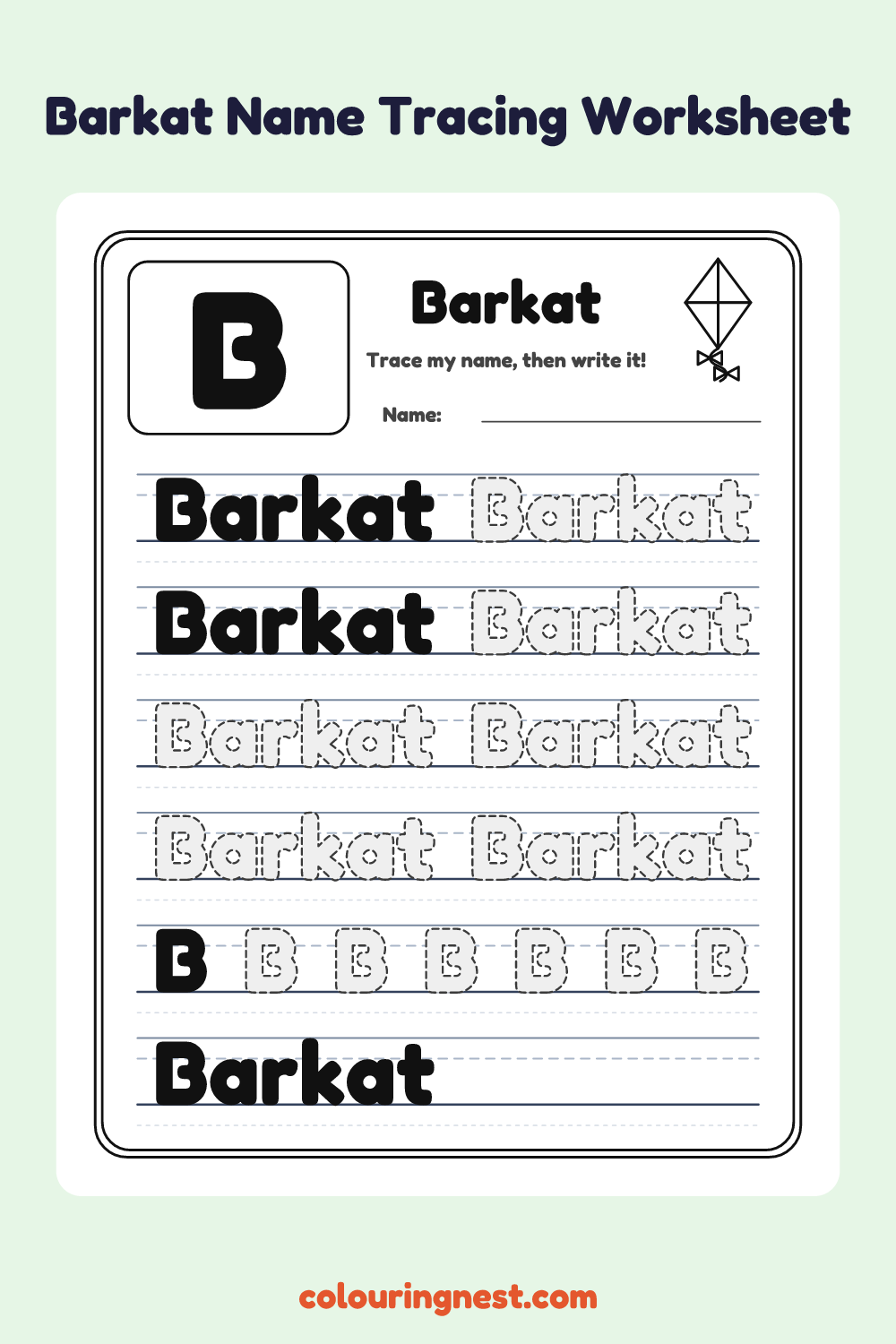 Barkat Name Tracing Worksheet: free printable black-and-white line art
