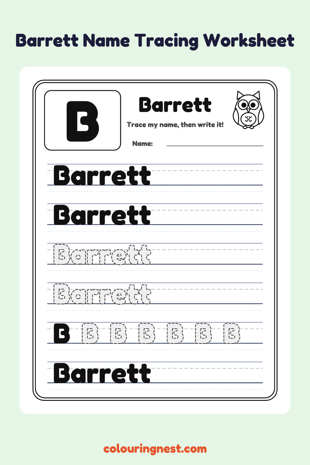 Barrett Name Tracing Worksheet: free printable black-and-white line art