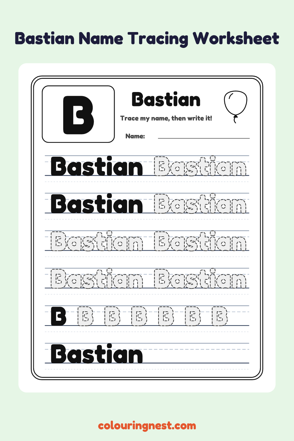 Bastian Name Tracing Worksheet: free printable black-and-white line art