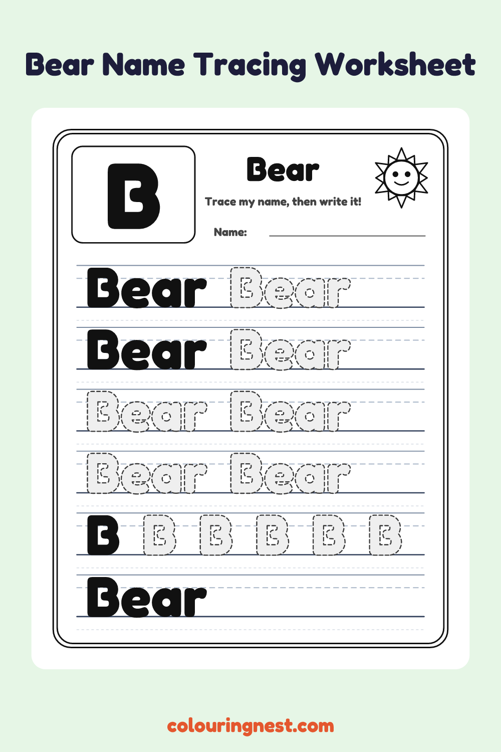 Bear Name Tracing Worksheet: free printable black-and-white line art