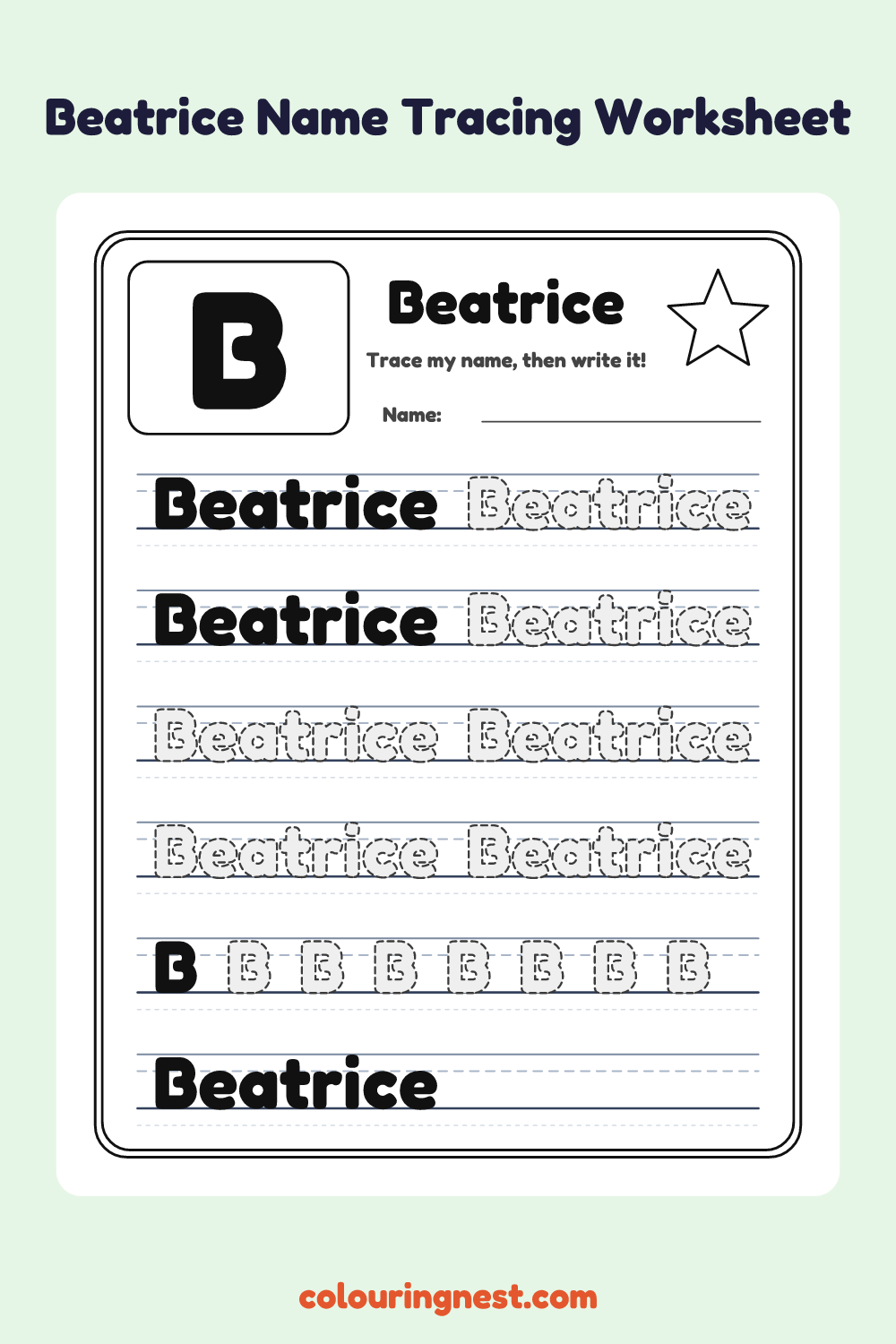 Beatrice Name Tracing Worksheet: free printable black-and-white line art