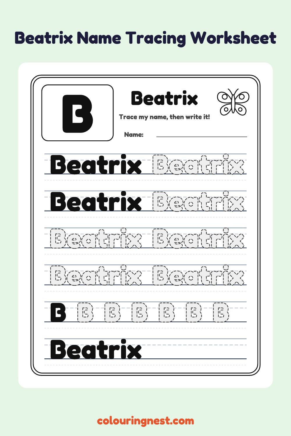 Beatrix Name Tracing Worksheet: free printable black-and-white line art