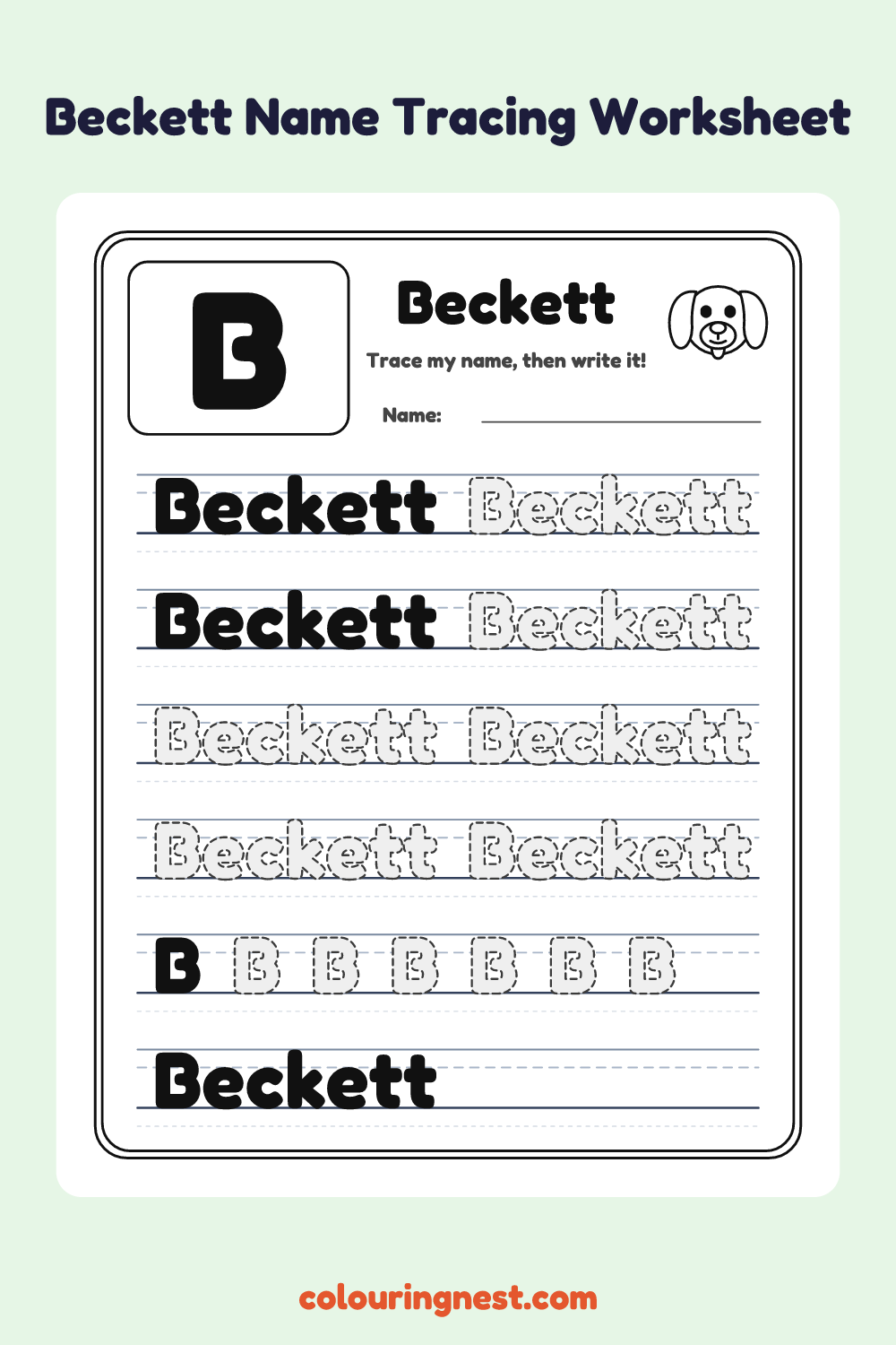 Beckett Name Tracing Worksheet: free printable black-and-white line art