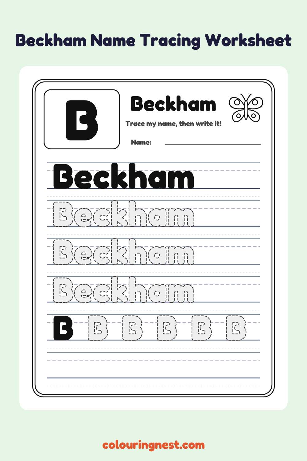 Beckham Name Tracing Worksheet: free printable black-and-white line art
