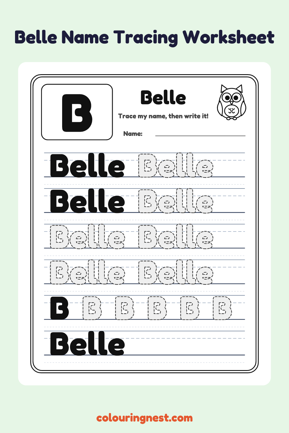 Belle Name Tracing Worksheet: free printable black-and-white line art