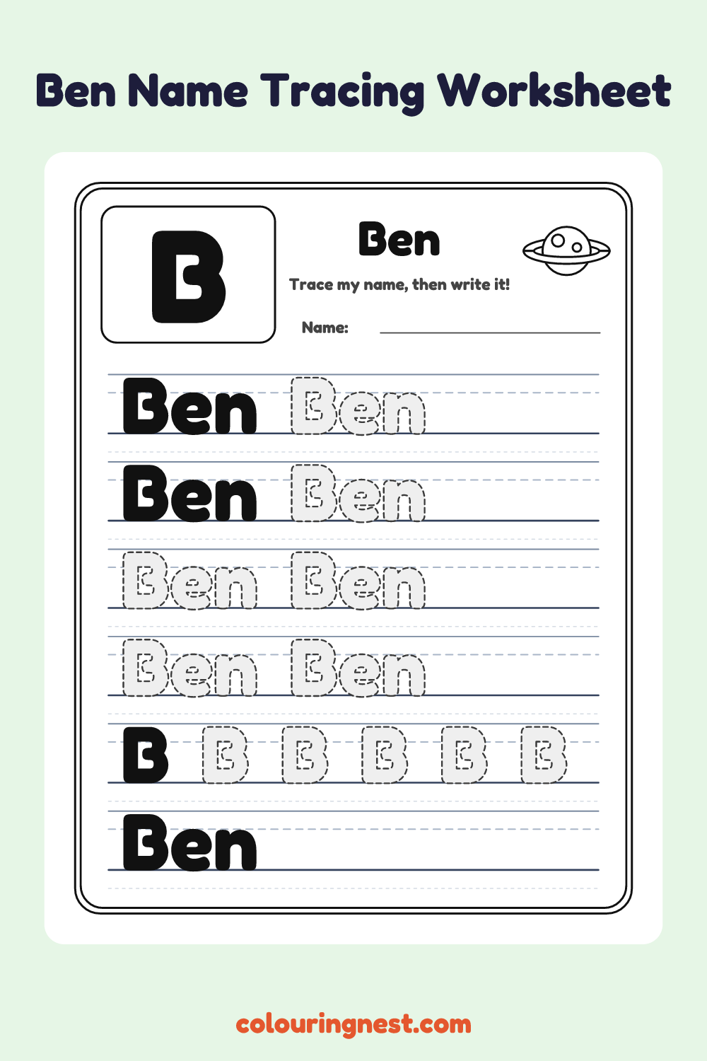 Ben Name Tracing Worksheet: free printable black-and-white line art