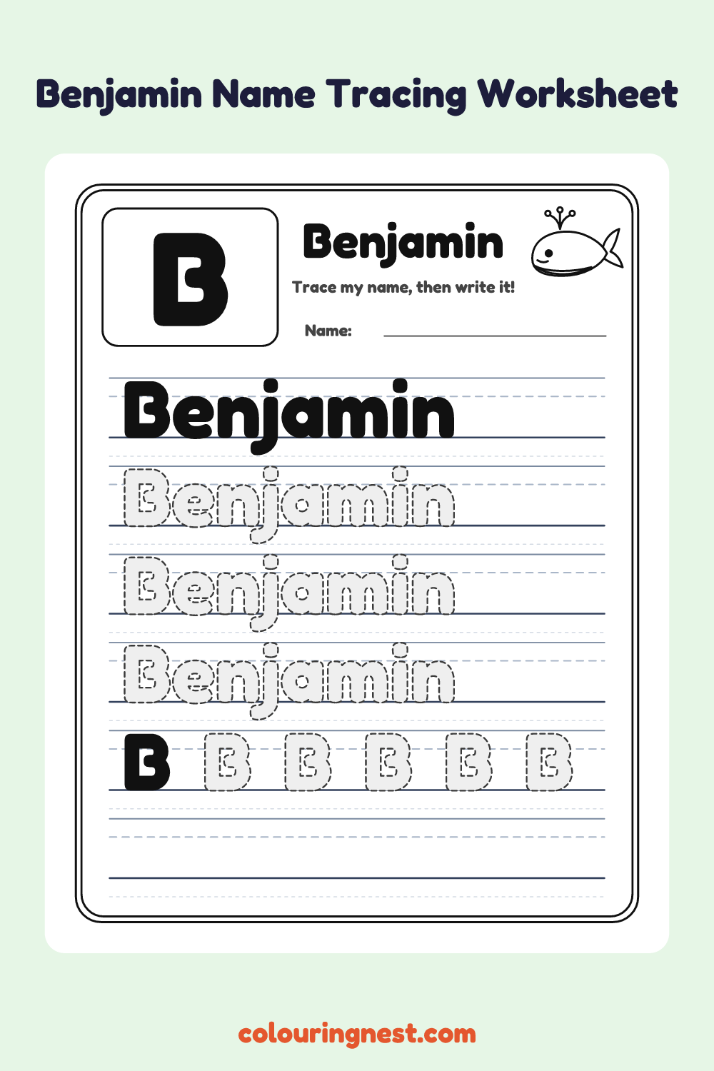 Benjamin Name Tracing Worksheet: free printable black-and-white line art