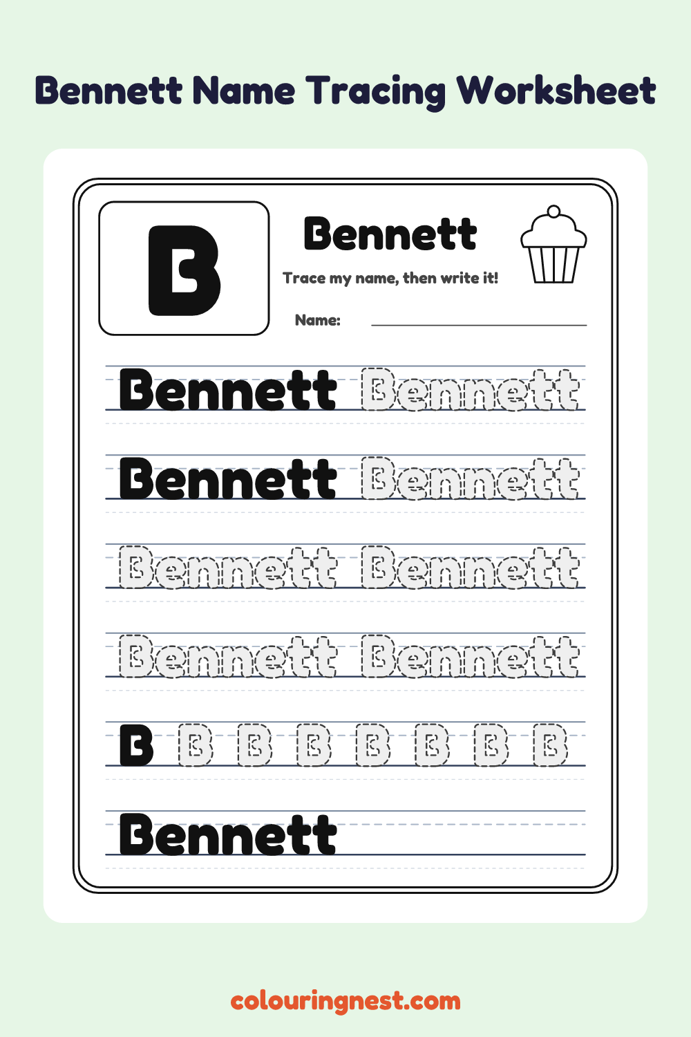 Bennett Name Tracing Worksheet: free printable black-and-white line art